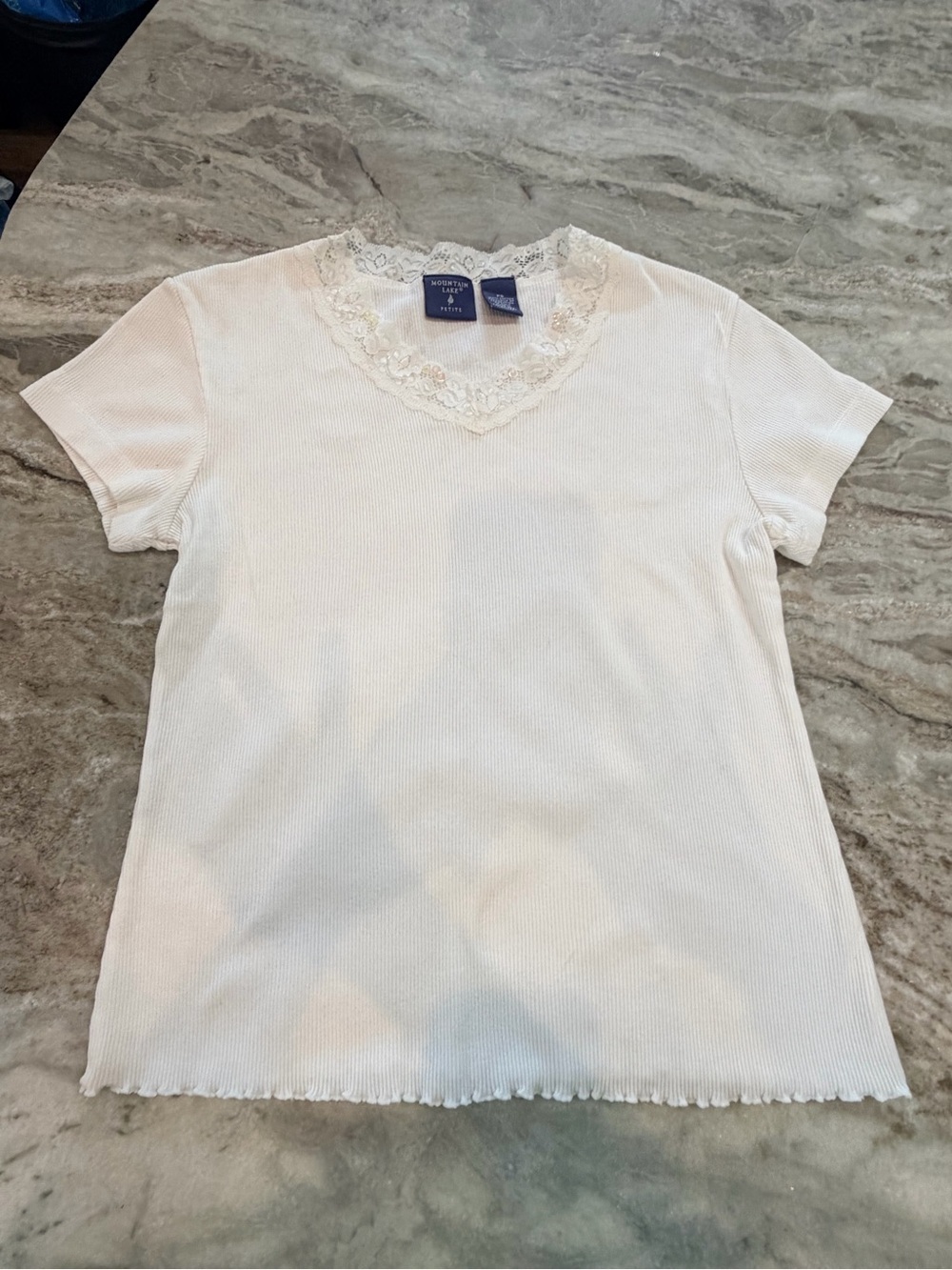 Mountain Lake Petite White Ribbed Lace Trim Top PS Cottagecore Tee